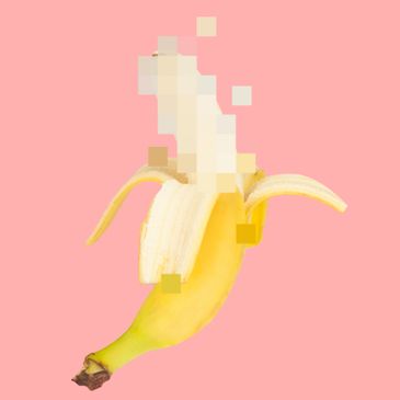 Pixelated peeled banana against a pink background.