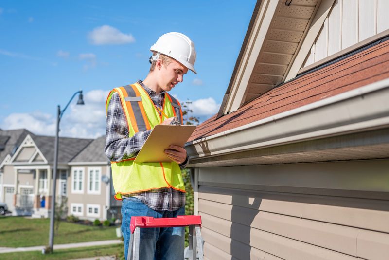 The image displays a home inspector standing on a ladder and providing an inspection to the roof of a house. He is dressed in safety gear.