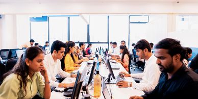 People working at computers in an office.