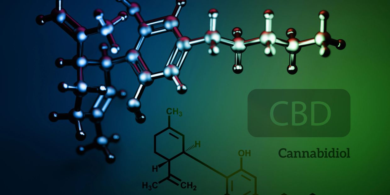 Molecular structure of cannabidiol (CBD) with chemical formula.