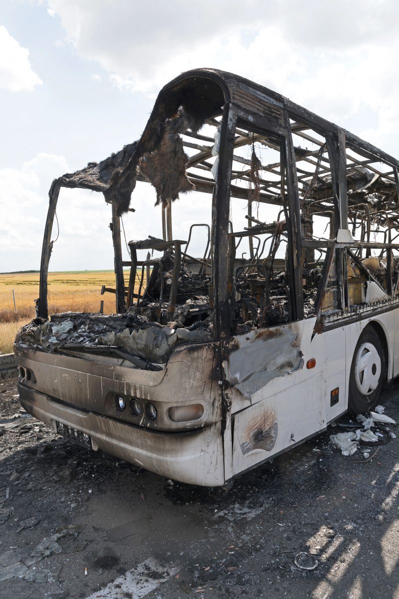 Burned Coach Bus Vehicle at Highway Accident