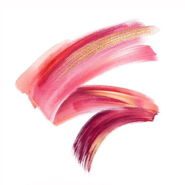 Abstract brush strokes in shades of pink and gold on white background.