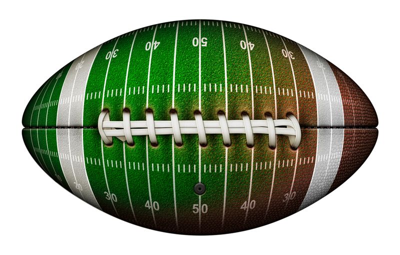 Isolated football with the leather replaced by the grass, yard lines and numbers of a playing field. 3D Illustration