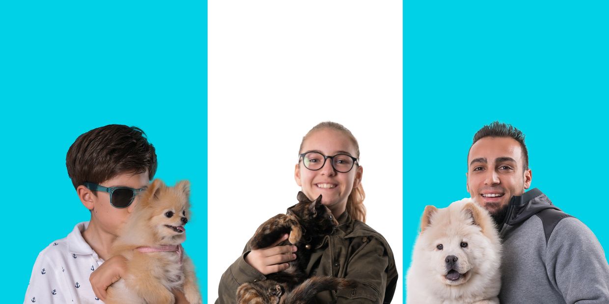 Three people smiling while holding their pets against a colorful background.