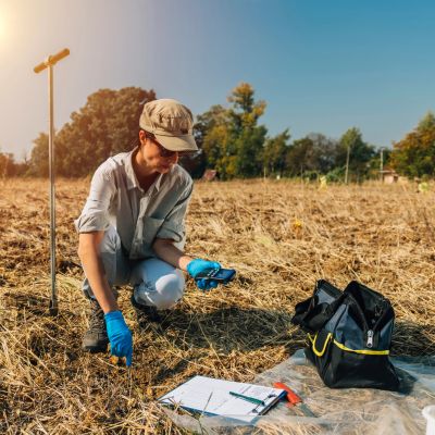 Person collecting soil samples in a dry field.