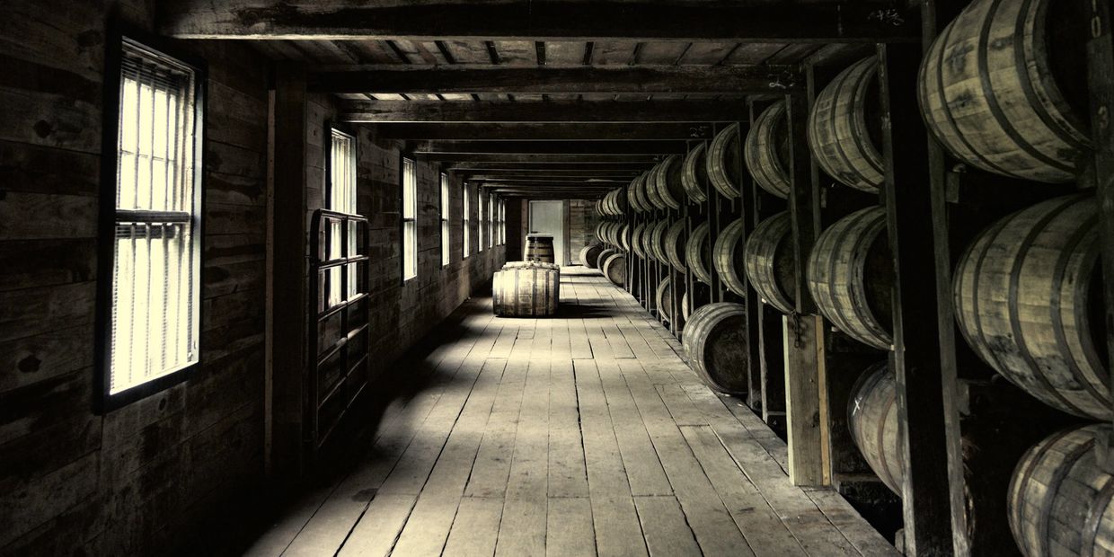 Dimly lit wooden storage room with barrels lined up on racks.