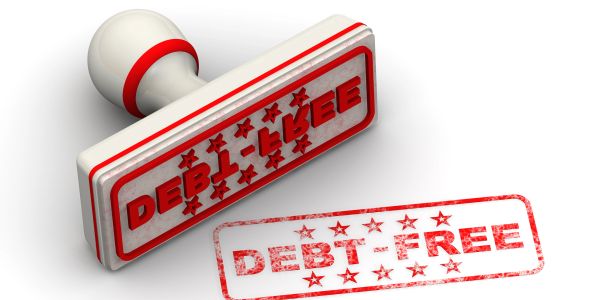 Red stamp marked 'DEBT-FREE' on white background.