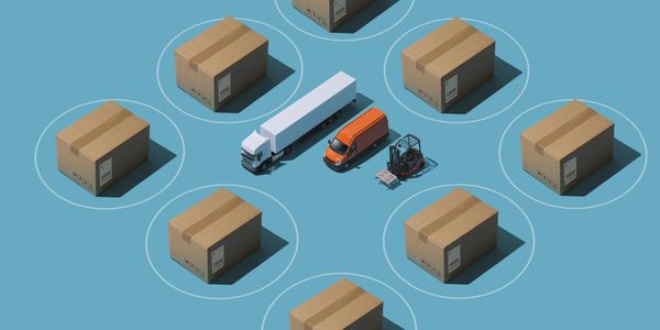 Shipping vehicles surrounded by cardboard boxes on a blue background.