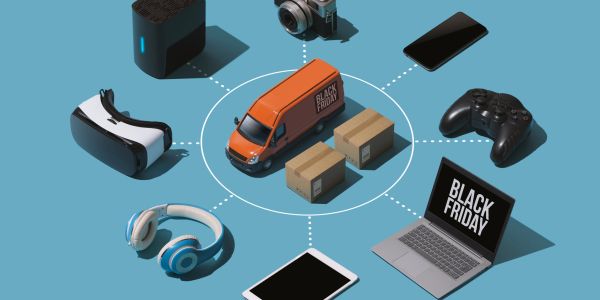 Black Friday online shopping with tech gadgets and delivery.