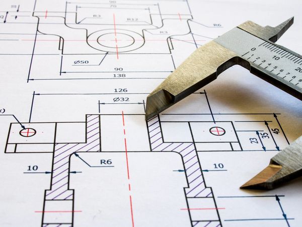 A caliper measuring a detailed technical drawing with precise dimensions.