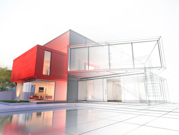 Modern house design blending 3D rendering with architectural sketch.