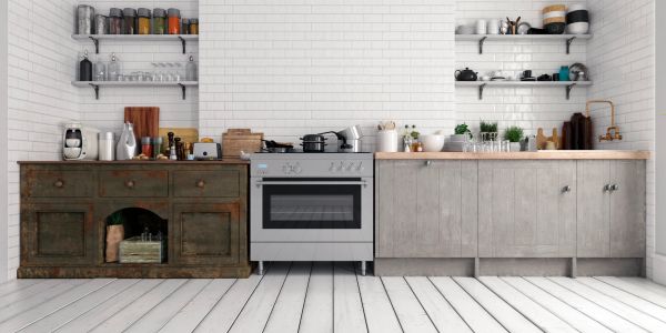 Modern kitchen with rustic and contemporary cabinets, white tiles, and open shelves.