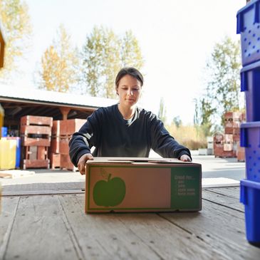 Delivery driver picking up a fruit box out of a vehicle