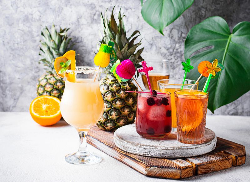 Set of different summer cocktails and juice