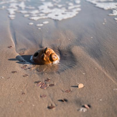 A ceramic piggy bank half-buried in wet sand near the ocean.