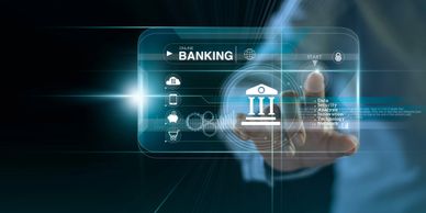 A person interacts with a digital online banking interface.