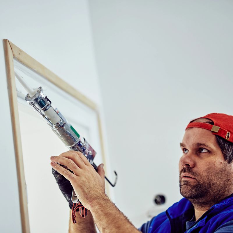 Worker using silicone for walls and door frame inside the house - renovation fixes.