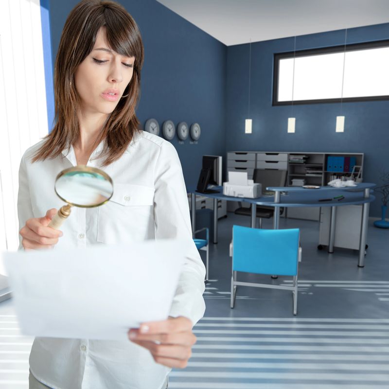.Young woman inspecting a document through a magnifying glass in an office.