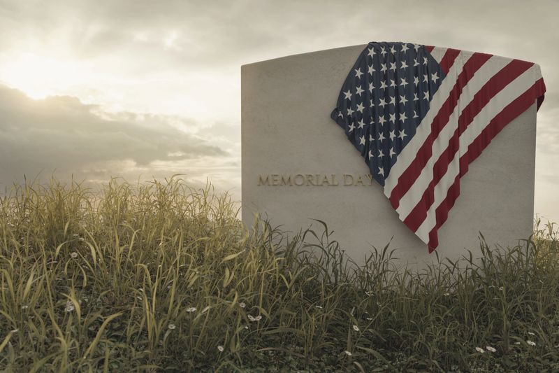 3d rendering of close up American flag laying on grave at the peaceful flower meadow to remember the memorial day