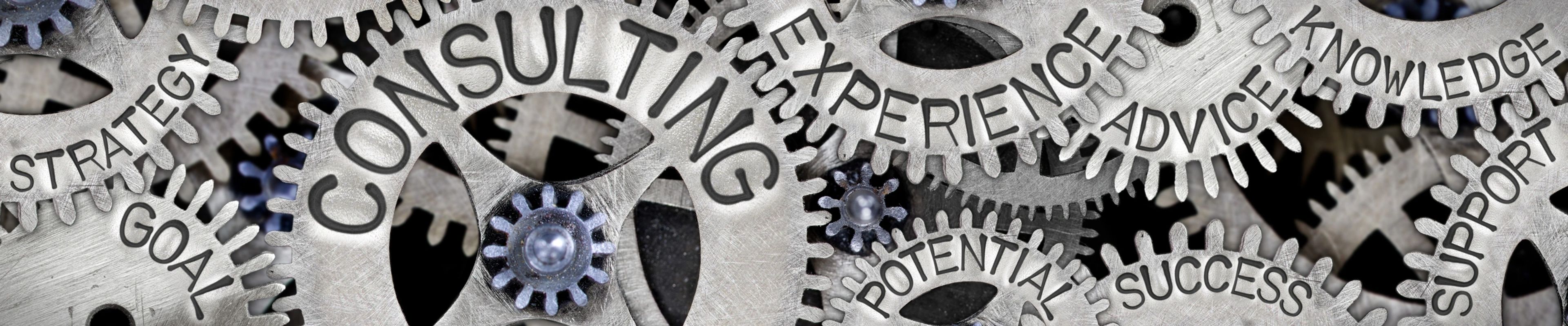 Interlocking gears with consulting-related words engraved on them.
