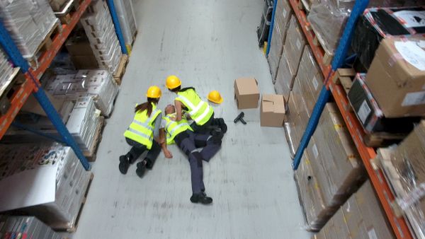 Two workers assist a fallen colleague in a warehouse aisle.