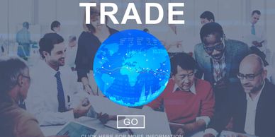 Business professionals discussing trade with a digital globe and statistics.