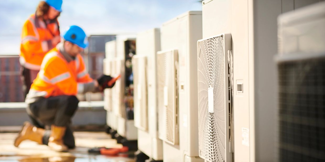 Efficient HVAC units in sunset view.