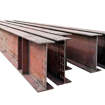 Three large steel I-beams with bolt holes, used in construction.