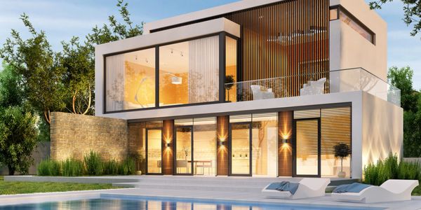 Modern two-story house with large glass windows and a pool in the front yard.