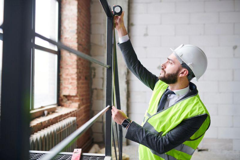 Young contemporary engineer in workwear measuring height of metallic structure while working over interior of unfinished building