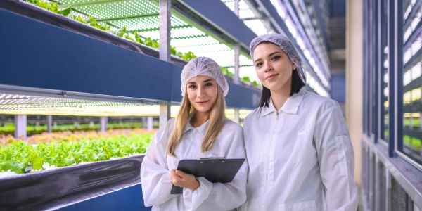 Two women in lab coats and hairnets stand in a vertical farm.