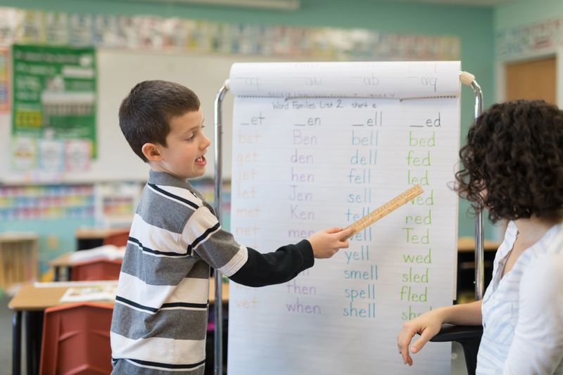 A first grader stands in front of a giant hanging sheet of spelling words and sounds them out in front of the class while he points to them with a ruler. The teacher, an female, is encouraging him.