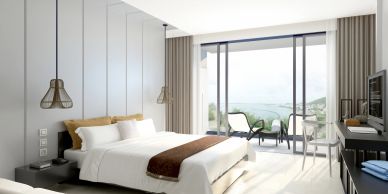 Bright and modern bedroom with a view of the outdoors.