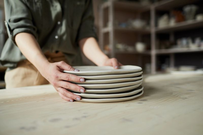 Closeup of unrecognizable female artisan holding handmade ceramic plates in pottery workshop, copy space