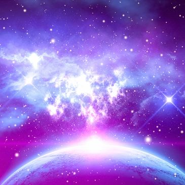 A vibrant cosmic scene with a glowing planet and sparkling stars in purple and blue hues.