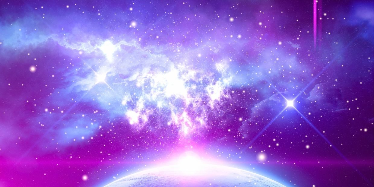 Colorful cosmic scene with stars and a glowing planet horizon.