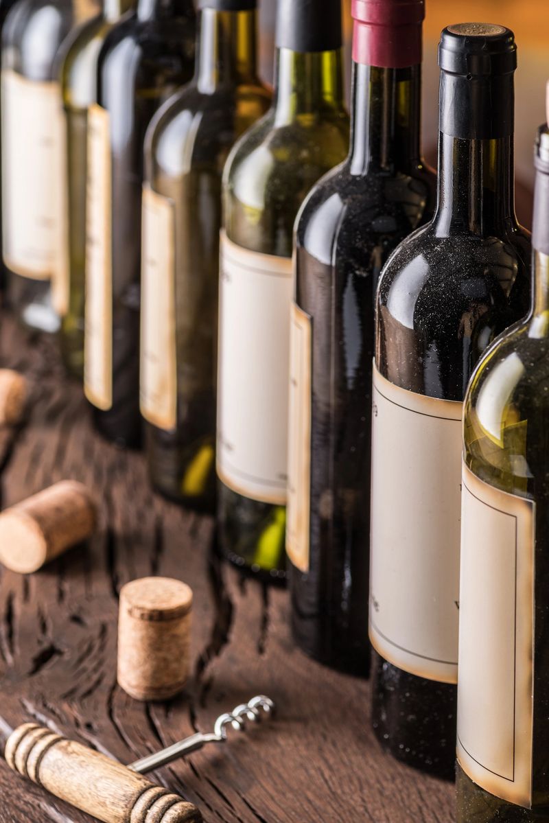 Line of wine bottles. Close-up.