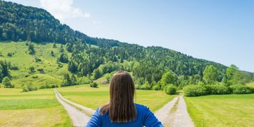 Person standing at a fork in a rural path with green hills ahead.