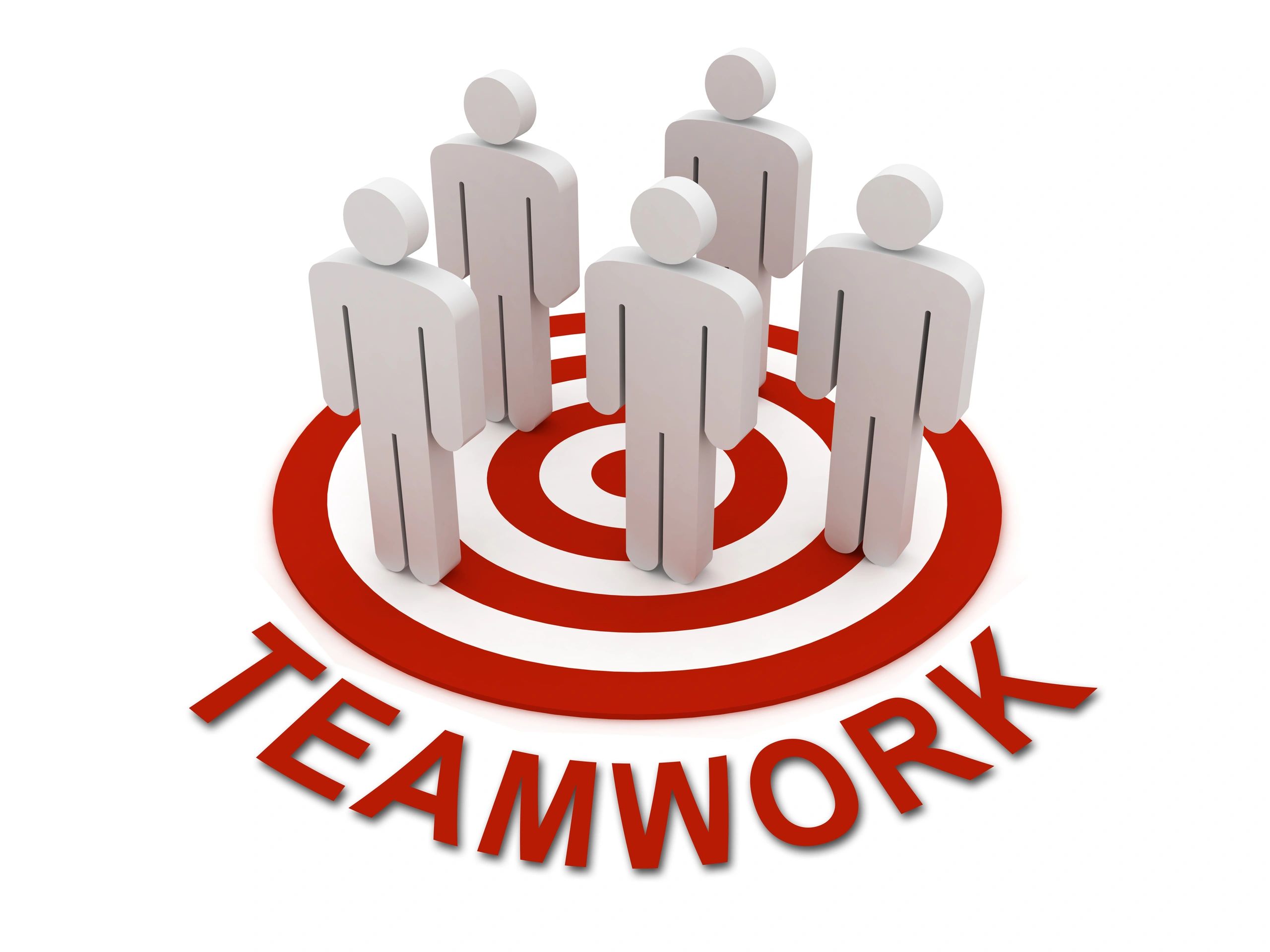 3D figures standing on a target with "TEAMWORK" text below.