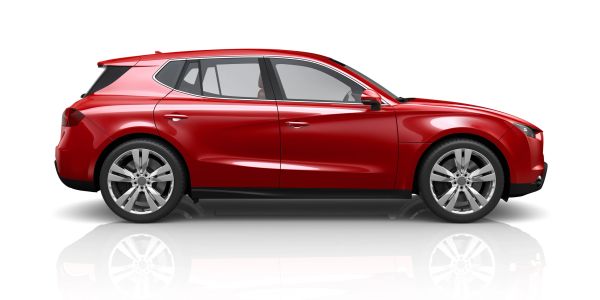 Sleek red SUV viewed from the side on a white background.