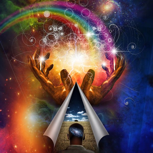 A cosmic scene with hands, rainbow, and a person with the universe in their mind.