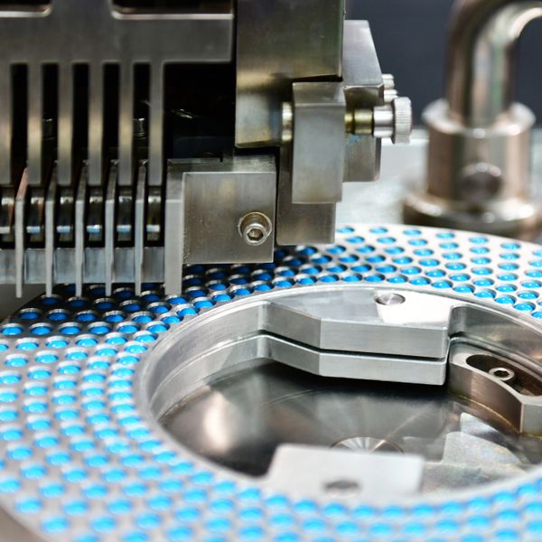 Automated machine sorting blue capsules in a pharmaceutical production line.
