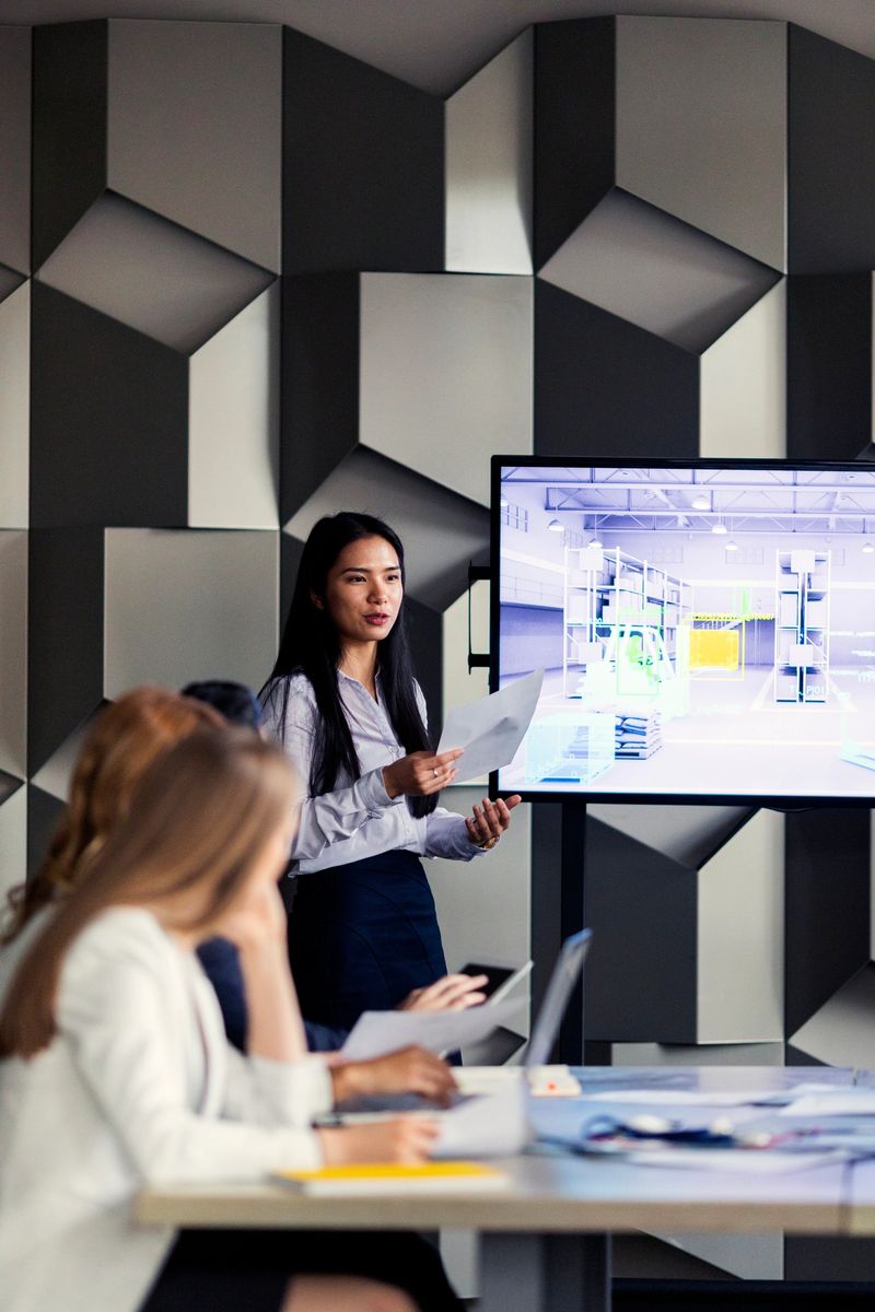 Young businesswoman holding a presentation on A.I. security systems