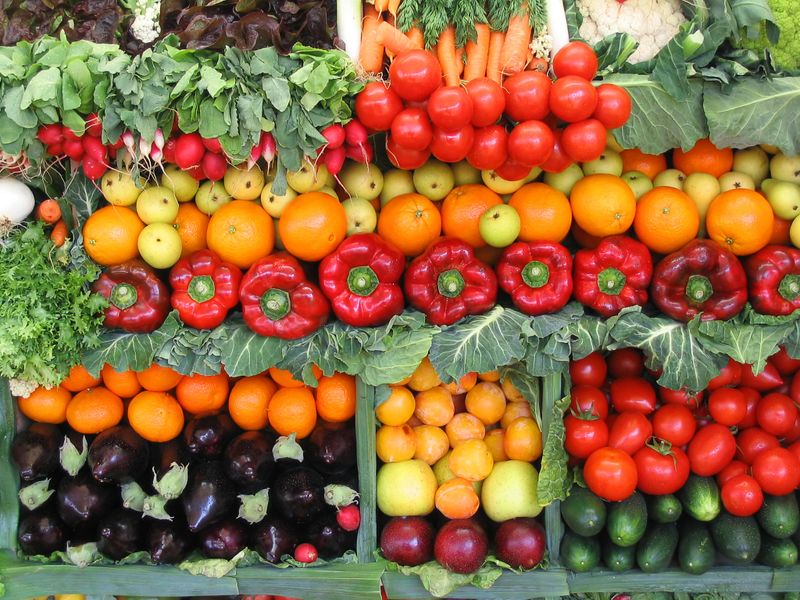 Fresh vegetables and fruits at a farmer's market.