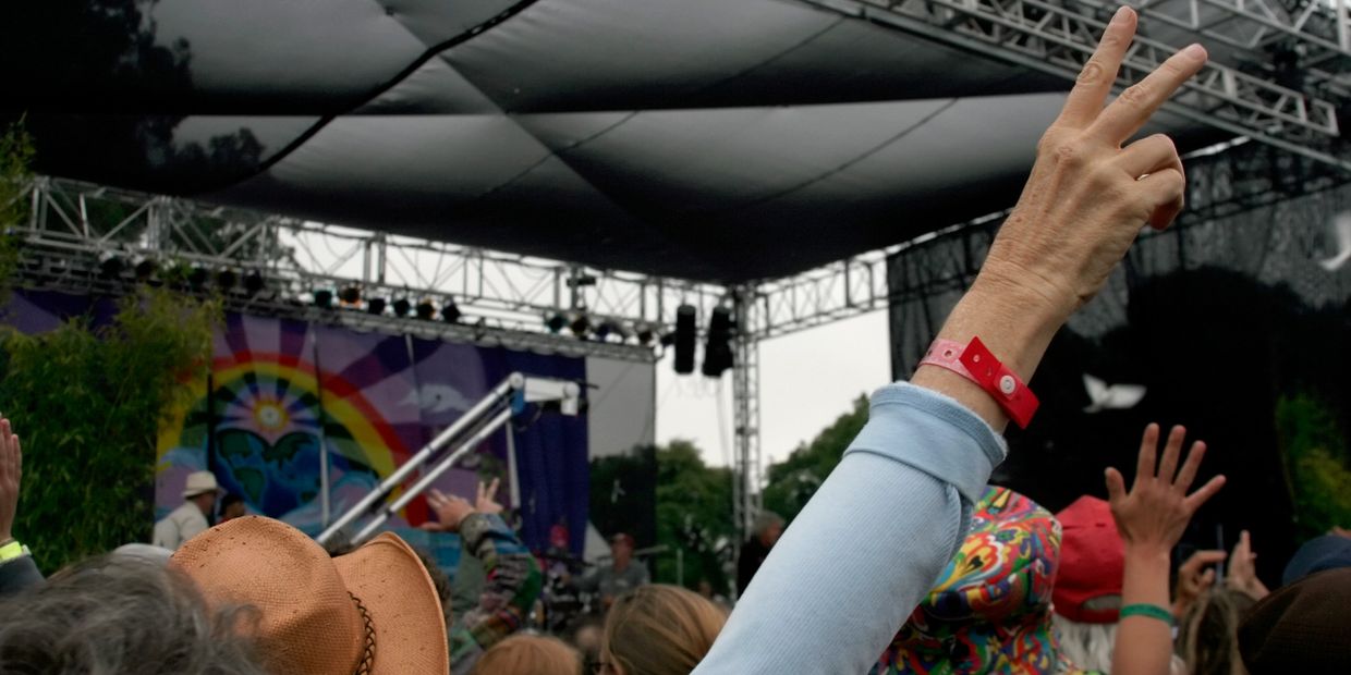Audience at an outdoor concert raising hands, one showing a peace sign.