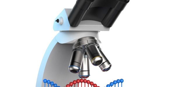 Close-up of a microscope with a DNA double helix below it.