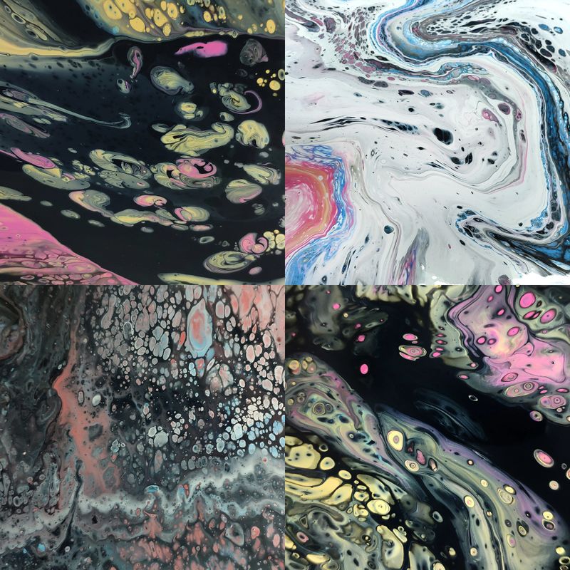 Set of abstract colorful liquid acrylic pattern made with fluid art technique. Collage of trendy background.