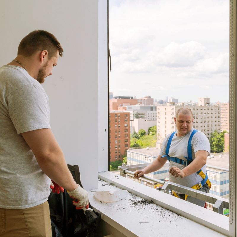 Team of blue-collar workers replacing a broken window in the office building. High-altitude work on the lifting platform which is placed outside.