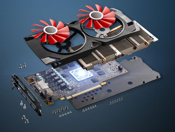 Exploded view of a graphics card showing fans, heatsink, circuit board, and screws.