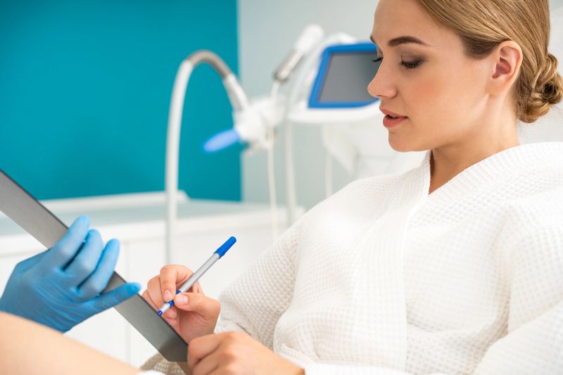 Signing agreement. Young Caucasian woman in a white bathrobe signing the documents in cosmetologist office while medical worker holding the clipboard